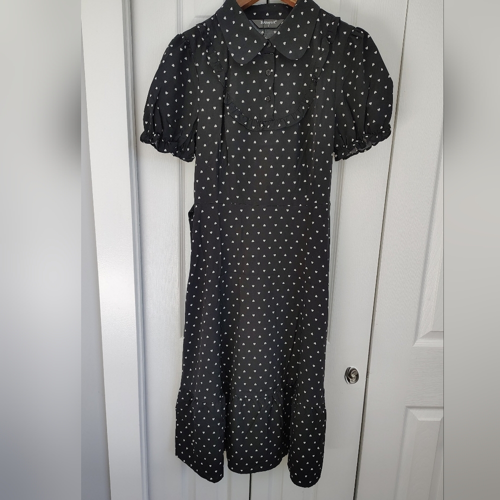Allegra K Black Heart-Print Puff Sleeve Midi Dress Sz S Retro Sweetheart